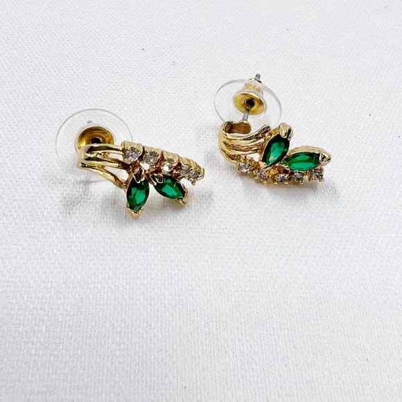 Green & Clear Rhinestone Gold Tone Post Earrings - Picture 7 of 7
